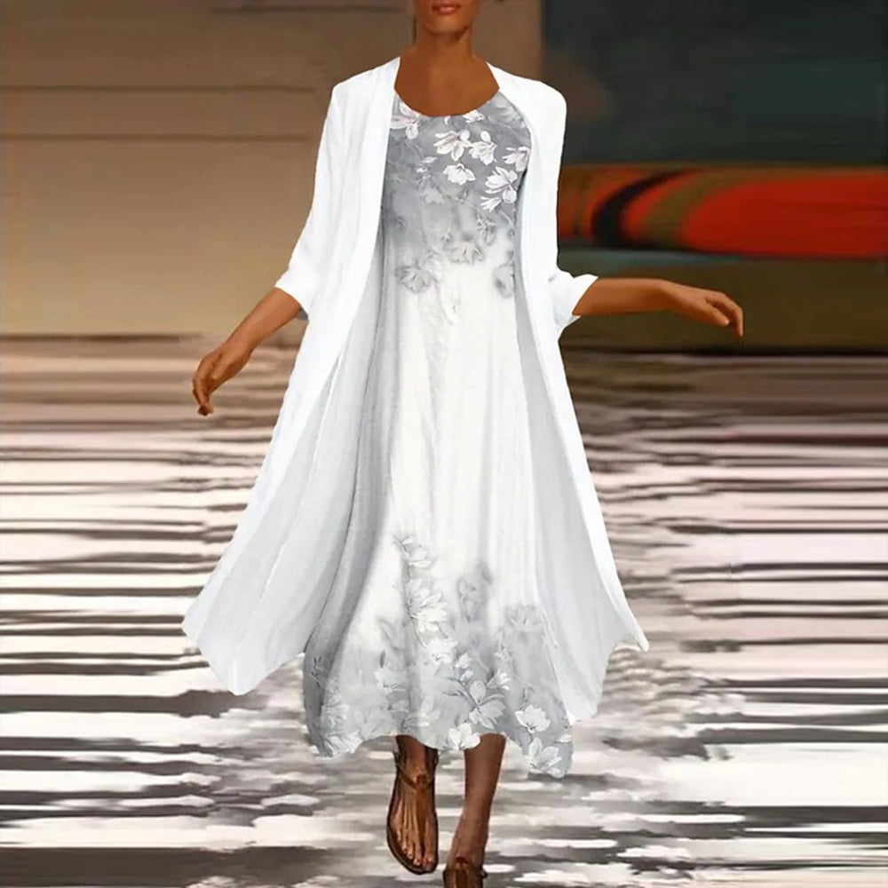 Floral Maxi Dress Set White Gradient Pattern with Jacket - Product showcase