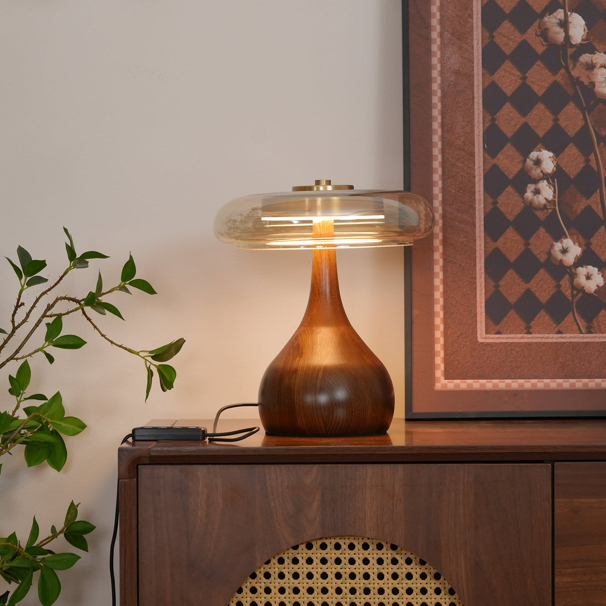 Modern LED Table Lamp Walnut Wood Base With Glass Shade - Product example