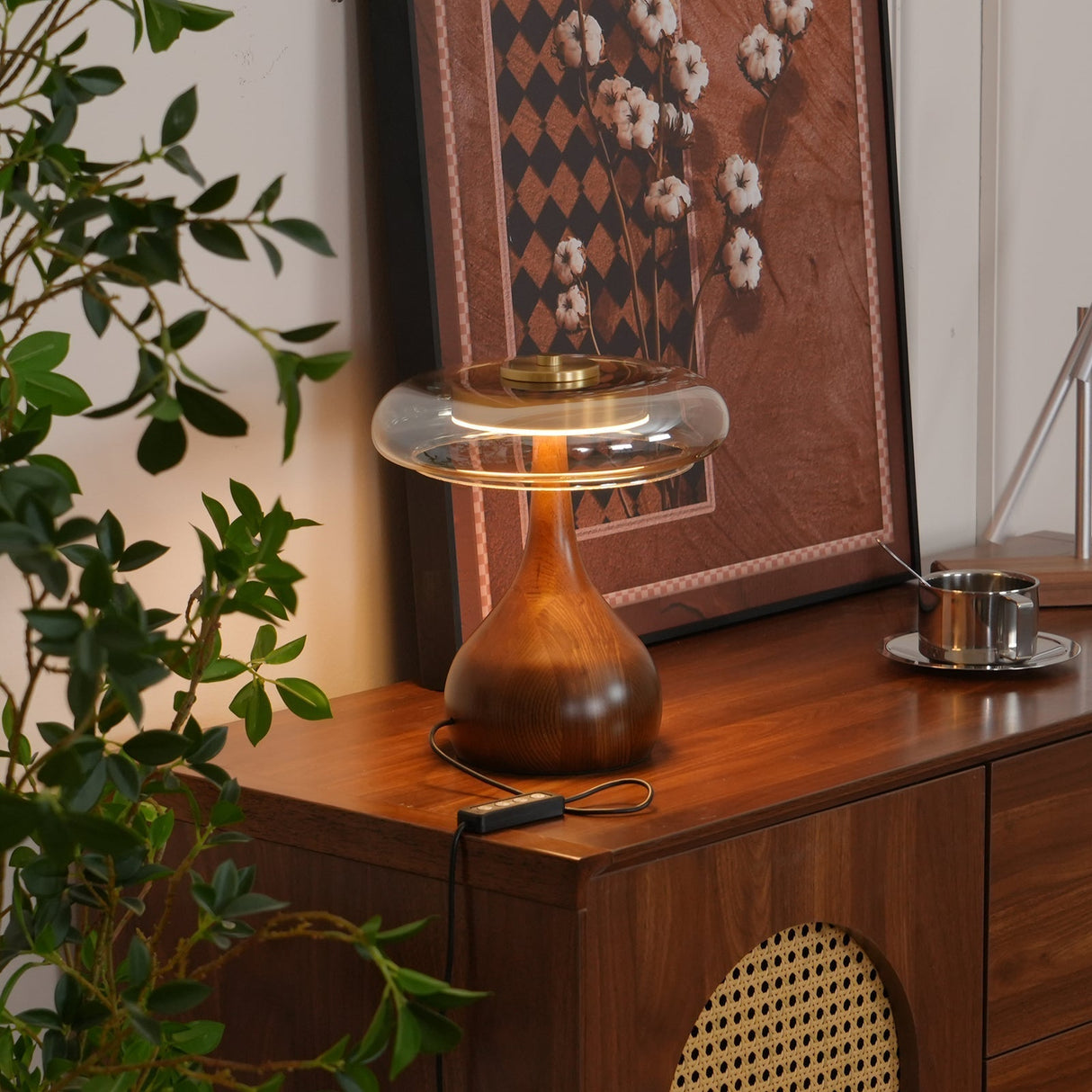 Modern LED Table Lamp Walnut Wood Base With Glass Shade - Detailed view