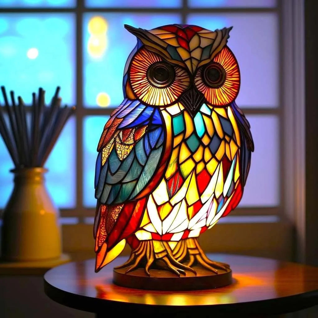 Stained Glass Owl Lamp  Artisan Mosaic Night Light - Detailed view