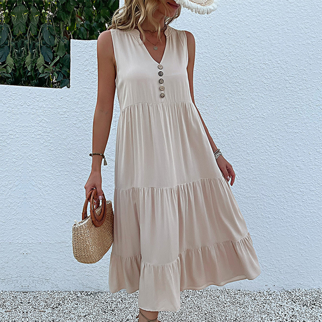 Bohemian Summer Dress V-Neck Tiered Maxi with Button Detail - Product showcase
