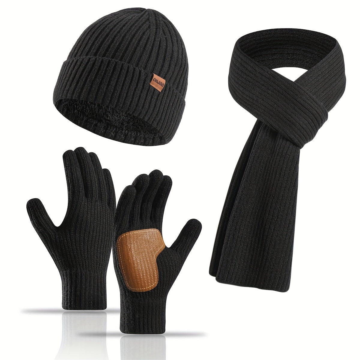 Ribbed Winter Accessories Set Soft Knit Hat Scarf Gloves with Leather Details - Product showcase