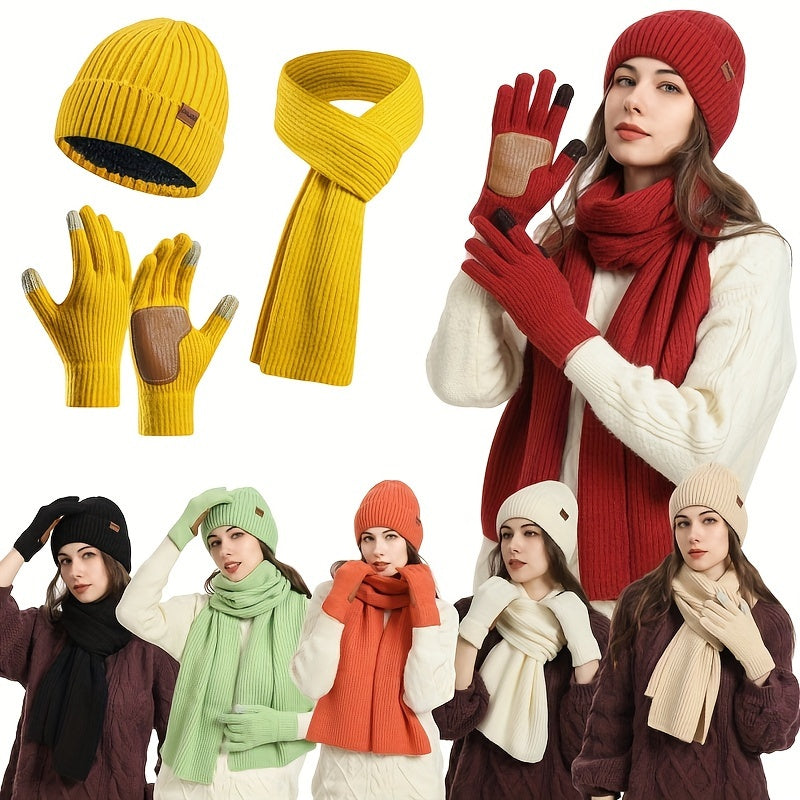 Winter Knit Accessories Set Hat Scarf Gloves with Leather Details - Detailed view