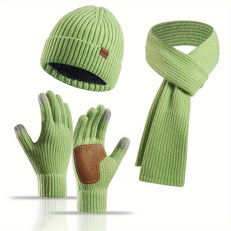 Ribbed Winter Accessories Set Soft Knit Hat Scarf Gloves with Leather Details - Product detail 12