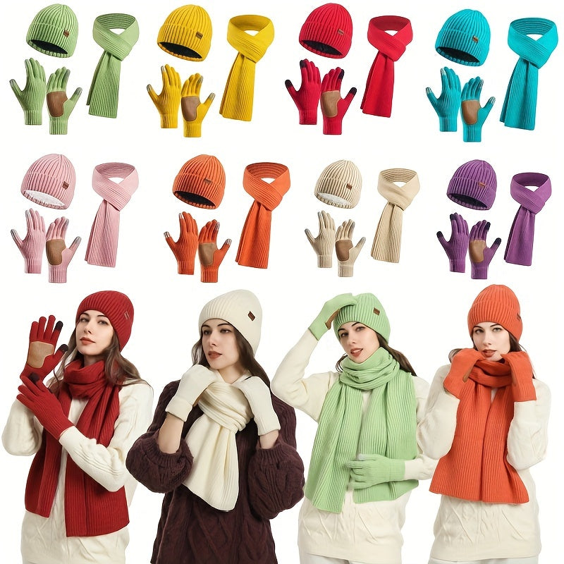 Ribbed Winter Accessories Set Soft Knit Hat Scarf Gloves with Leather Details - Product example