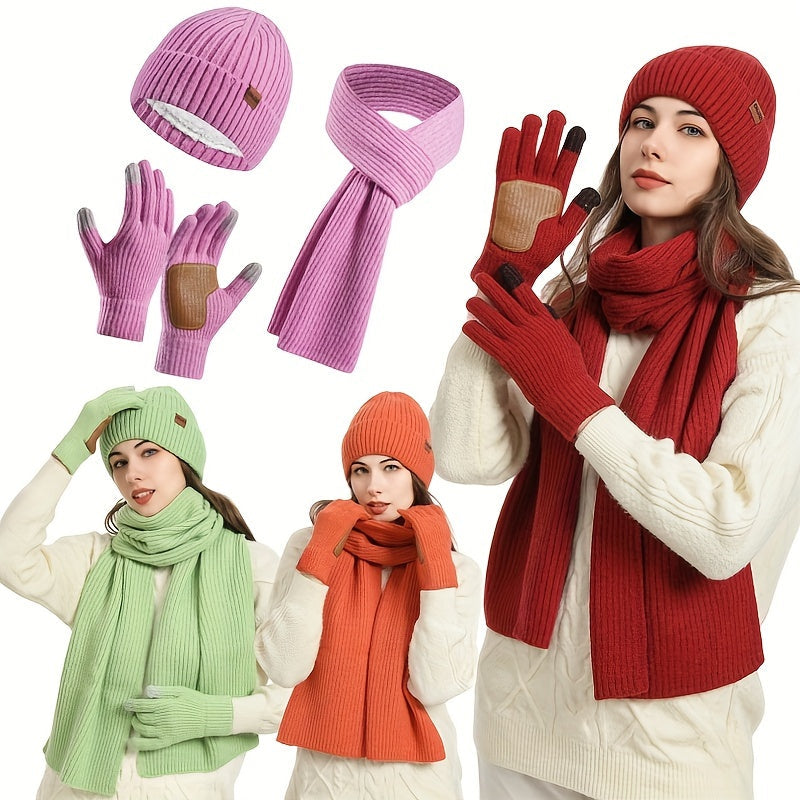 Ribbed Winter Accessories Set Soft Knit Hat Scarf Gloves with Leather Details - Product detail 5