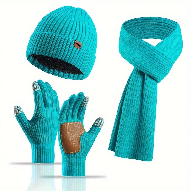 Ribbed Winter Accessories Set Soft Knit Hat Scarf Gloves with Leather Details - Product detail 8