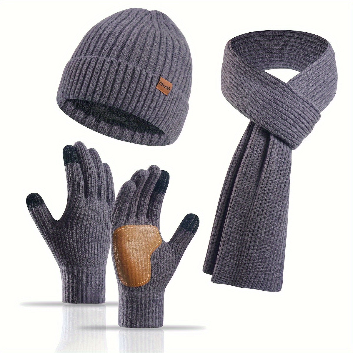 Ribbed Winter Accessories Set Soft Knit Hat Scarf Gloves with Leather Details - Product detail 10