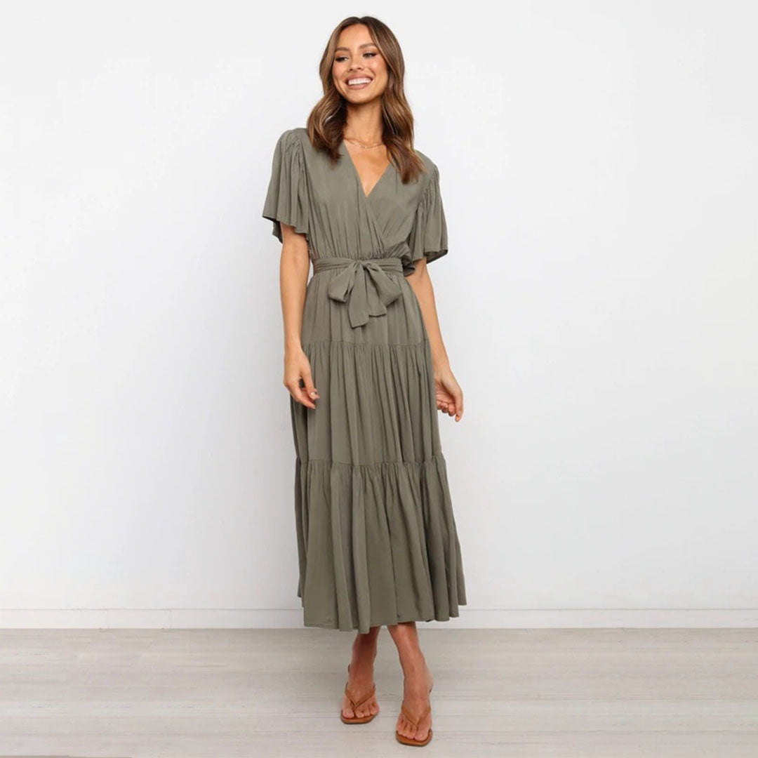 Elegant Wrap Midi Dress Flutter Sleeve V-Neck Design - Product showcase