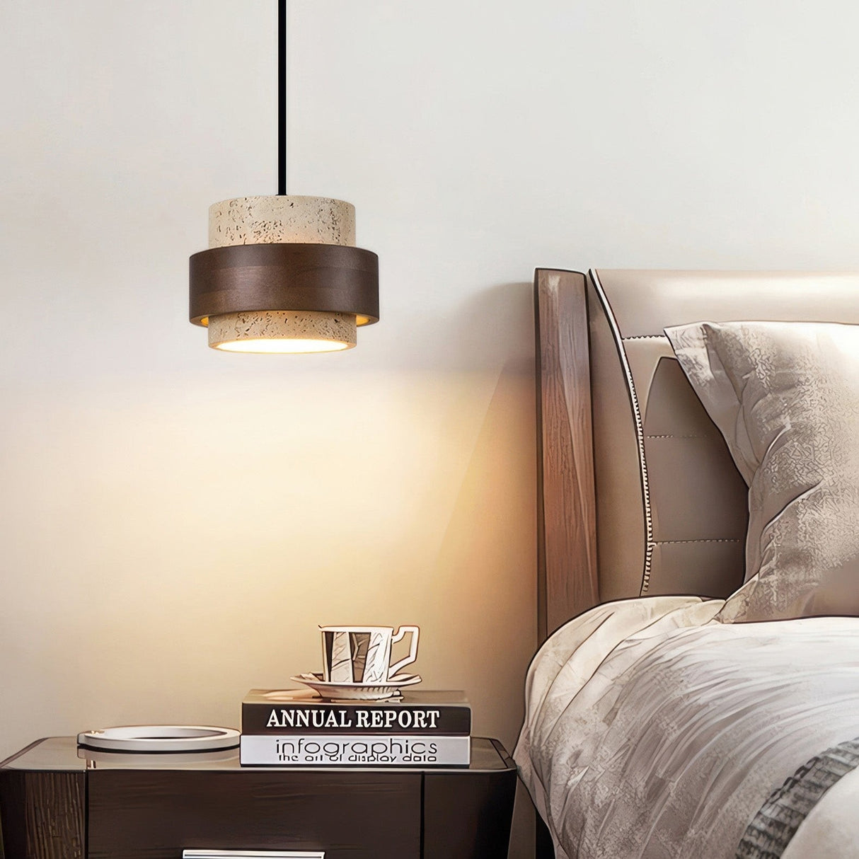 Modern Pendant Light Travertine Wood Layered Design - Detailed view