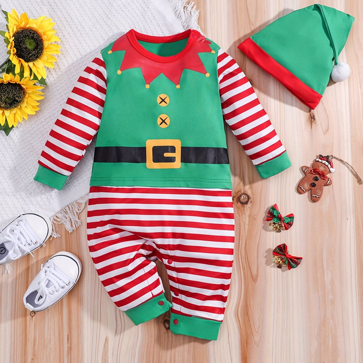 Holiday Baby Elf Romper Striped Festive Costume with Hat - Product showcase
