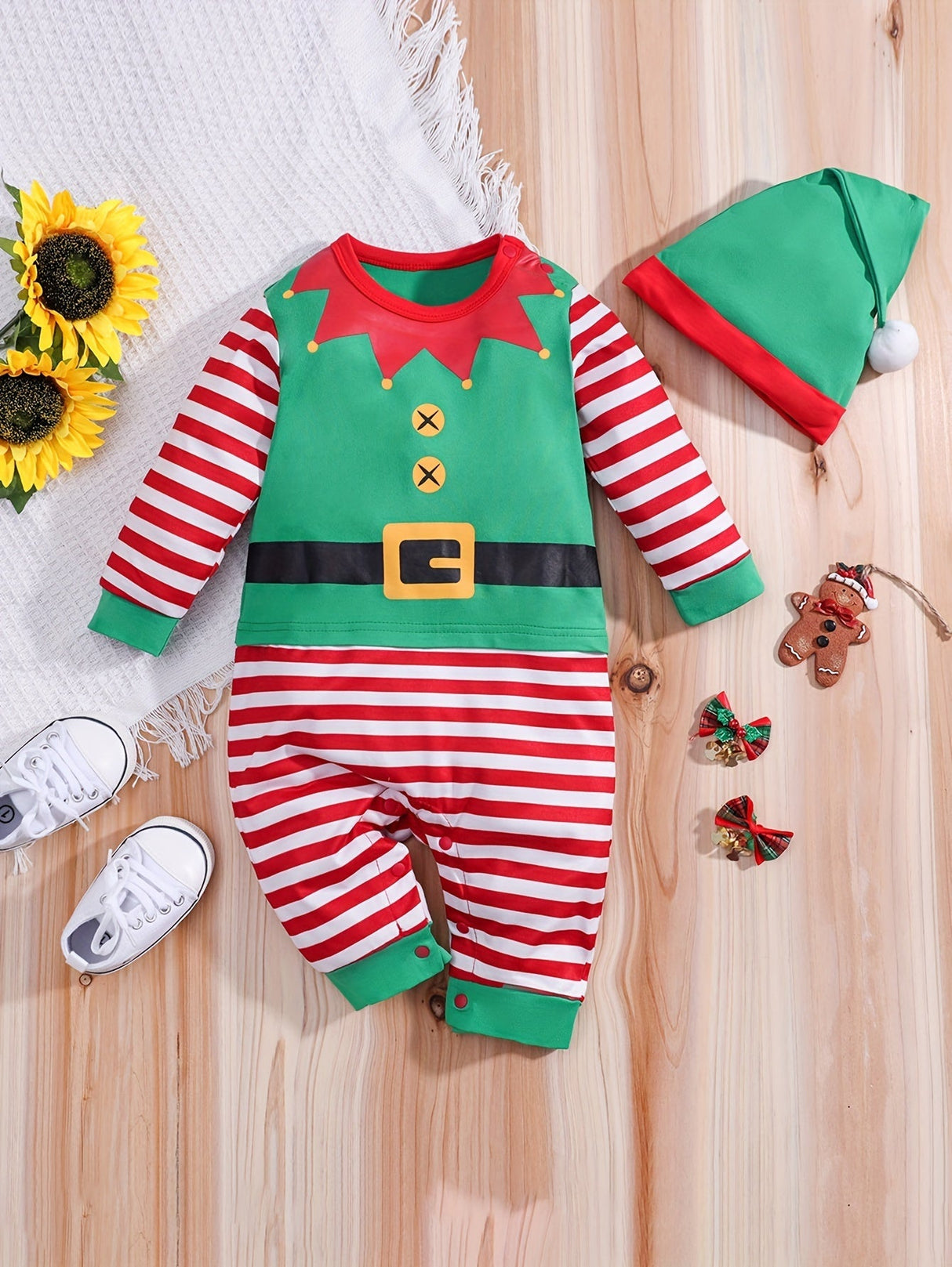 Holiday Baby Elf Romper Striped Festive Costume with Hat - Detailed view