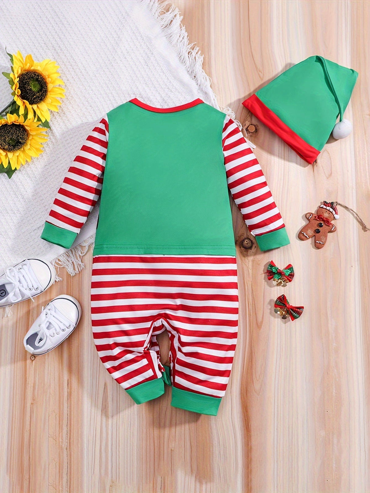 Holiday Baby Elf Romper Striped Festive Costume with Hat - Product example