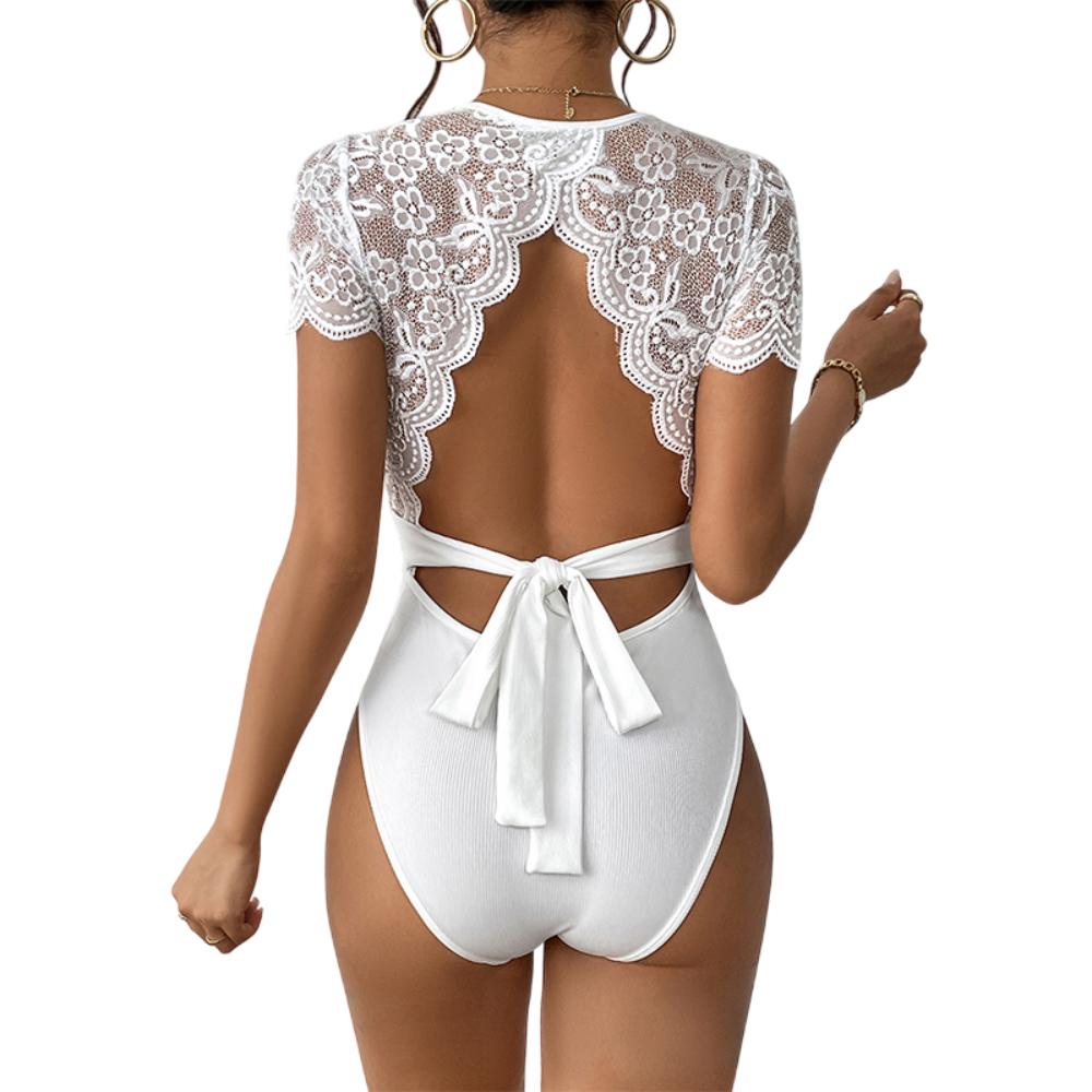 Elegant Lace Bodysuit Short Sleeve Backless Design - Product example