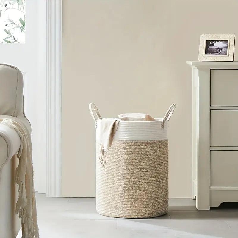 Cotton Rope Storage Basket Natural Two-Tone Woven Design - Product example