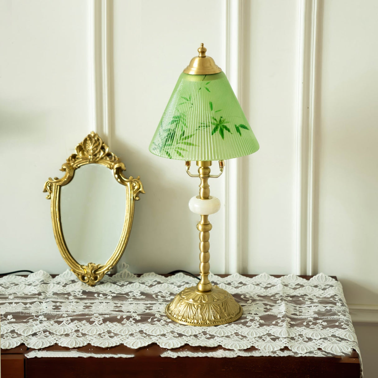 Bamboo Pattern Table Lamp Green Glass Brass Finish - Detailed view