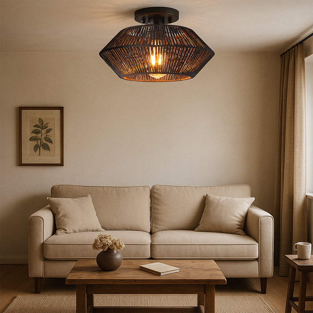 Bamboo Woven Ceiling Light Handcrafted Natural Shade - Detailed view