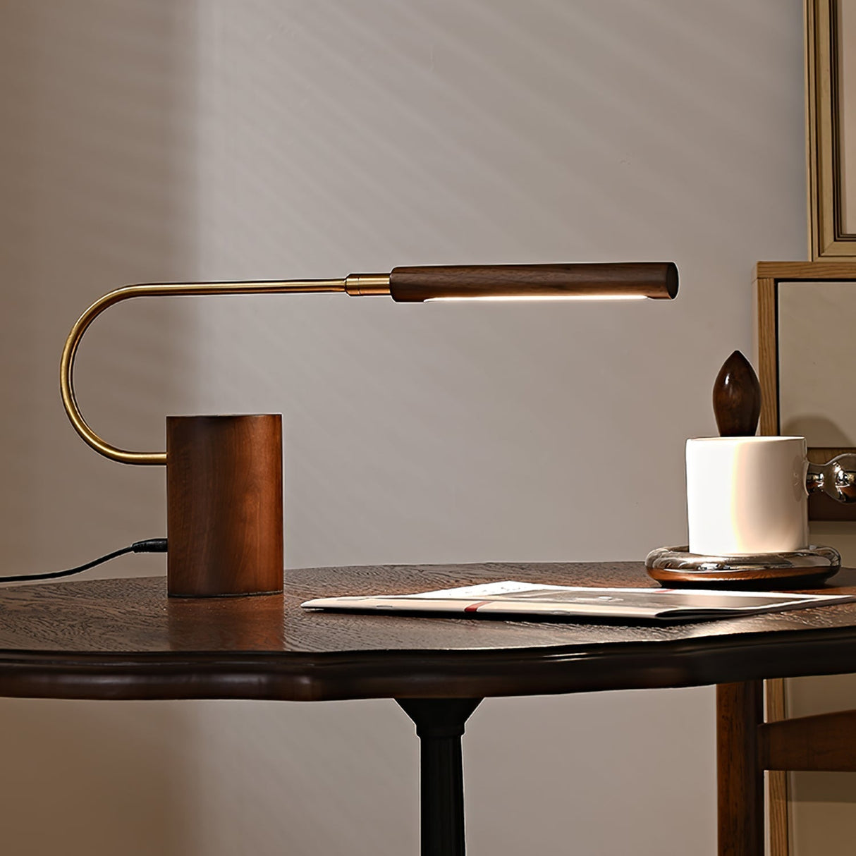 Modern LED Table Lamp Walnut Wood with Brass Accent - Detailed view