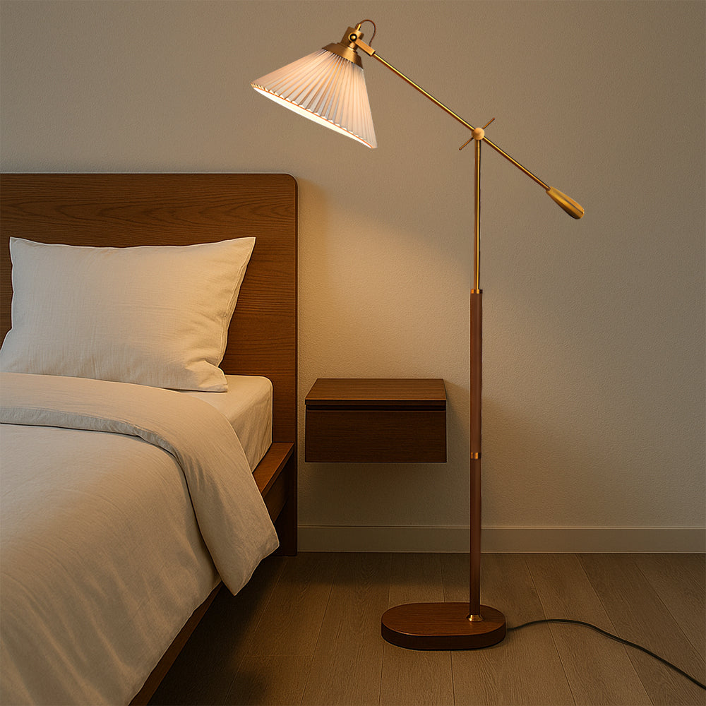 Adjustable Floor Lamp Brass Wood Base with Pleated Shade - Product showcase