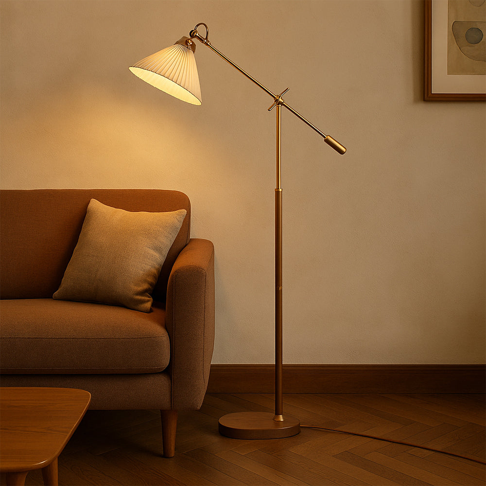 Adjustable Floor Lamp Brass Wood Base with Pleated Shade - Product detail 4
