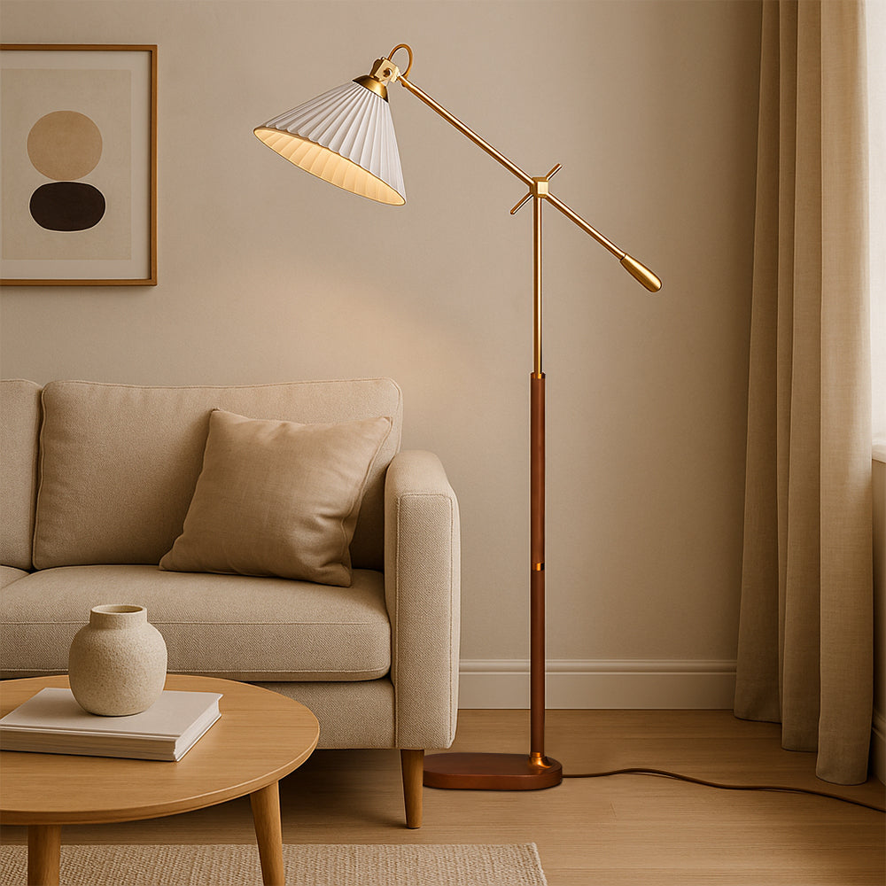 Adjustable Floor Lamp Brass Wood Base with Pleated Shade - Product detail 5