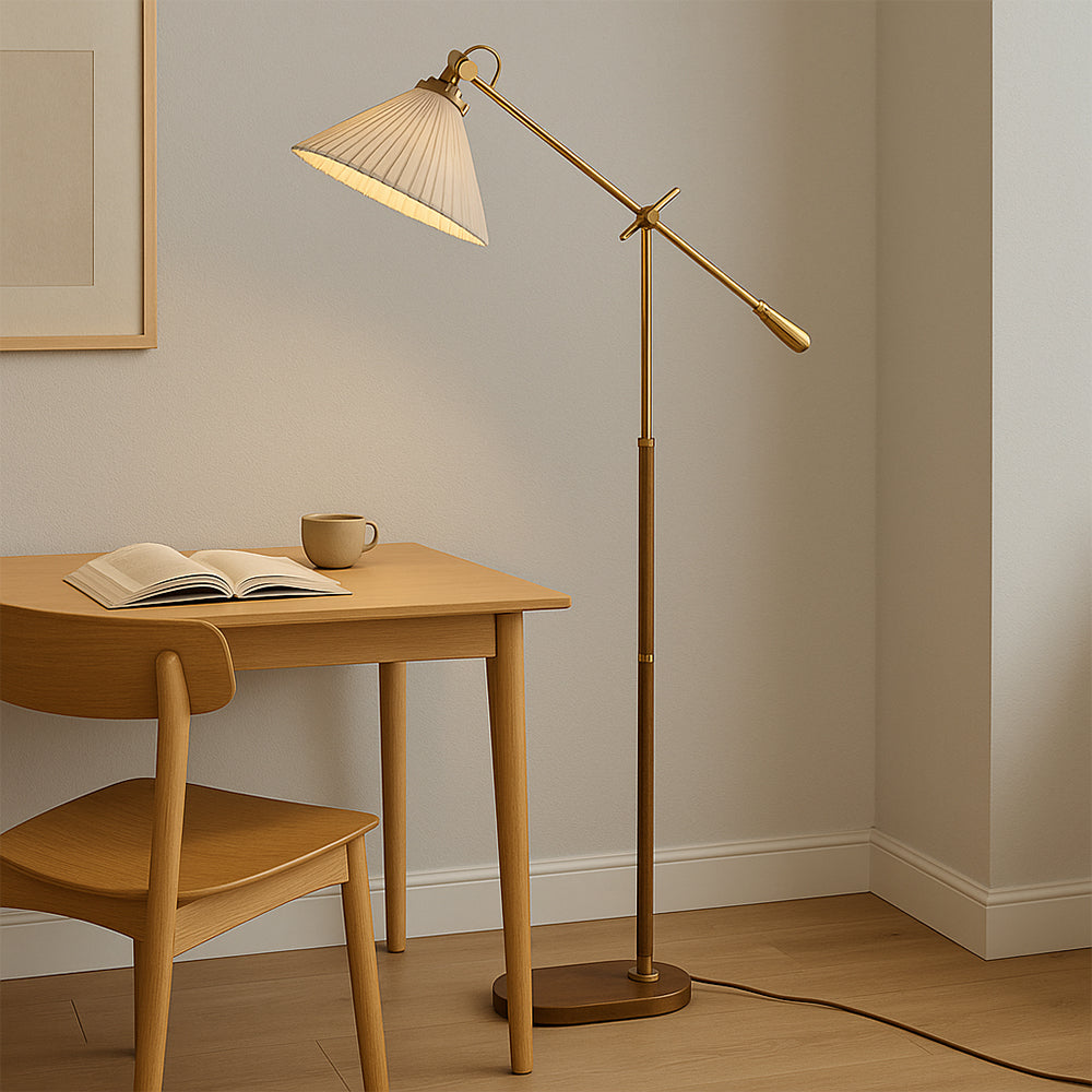 Adjustable Floor Lamp Brass Wood Base with Pleated Shade - Product detail 6
