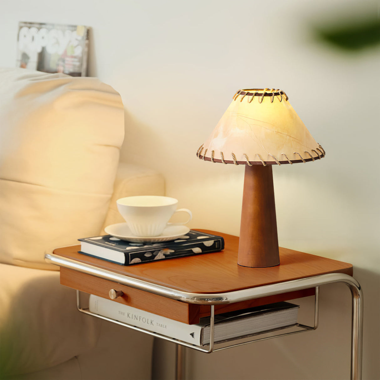 Mid-Century Table Lamp Solid Wood Base With Stitched Shade - Product detail 7