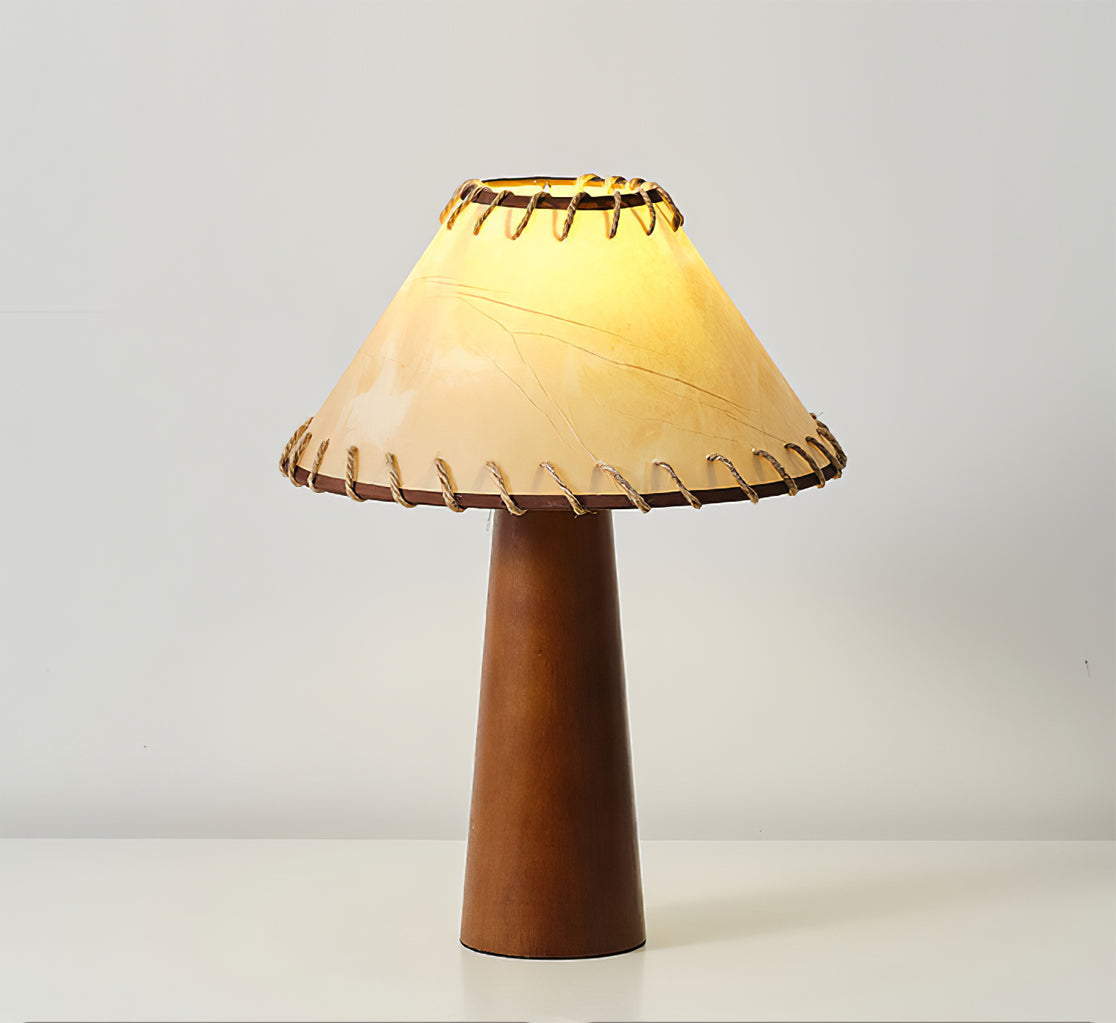 Mid-Century Table Lamp Solid Wood Base With Stitched Shade - Detailed view
