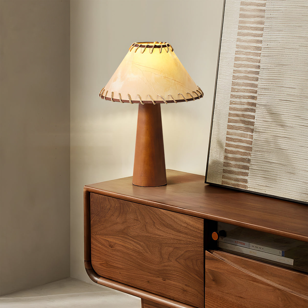 Mid-Century Table Lamp Solid Wood Base With Stitched Shade - Product detail 8