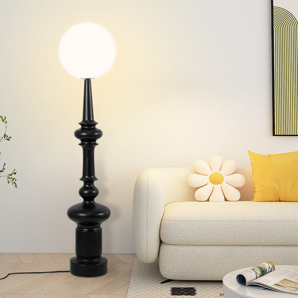 Modern Floor Lamp Bauhaus Black Metal Base With Globe Shade - Product showcase