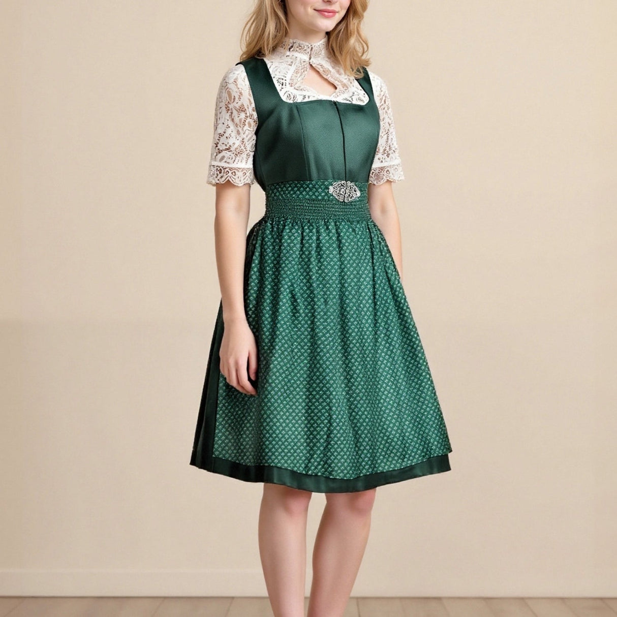 Traditional Dirndl Dress Emerald Green With Lace Blouse Apron - Product showcase