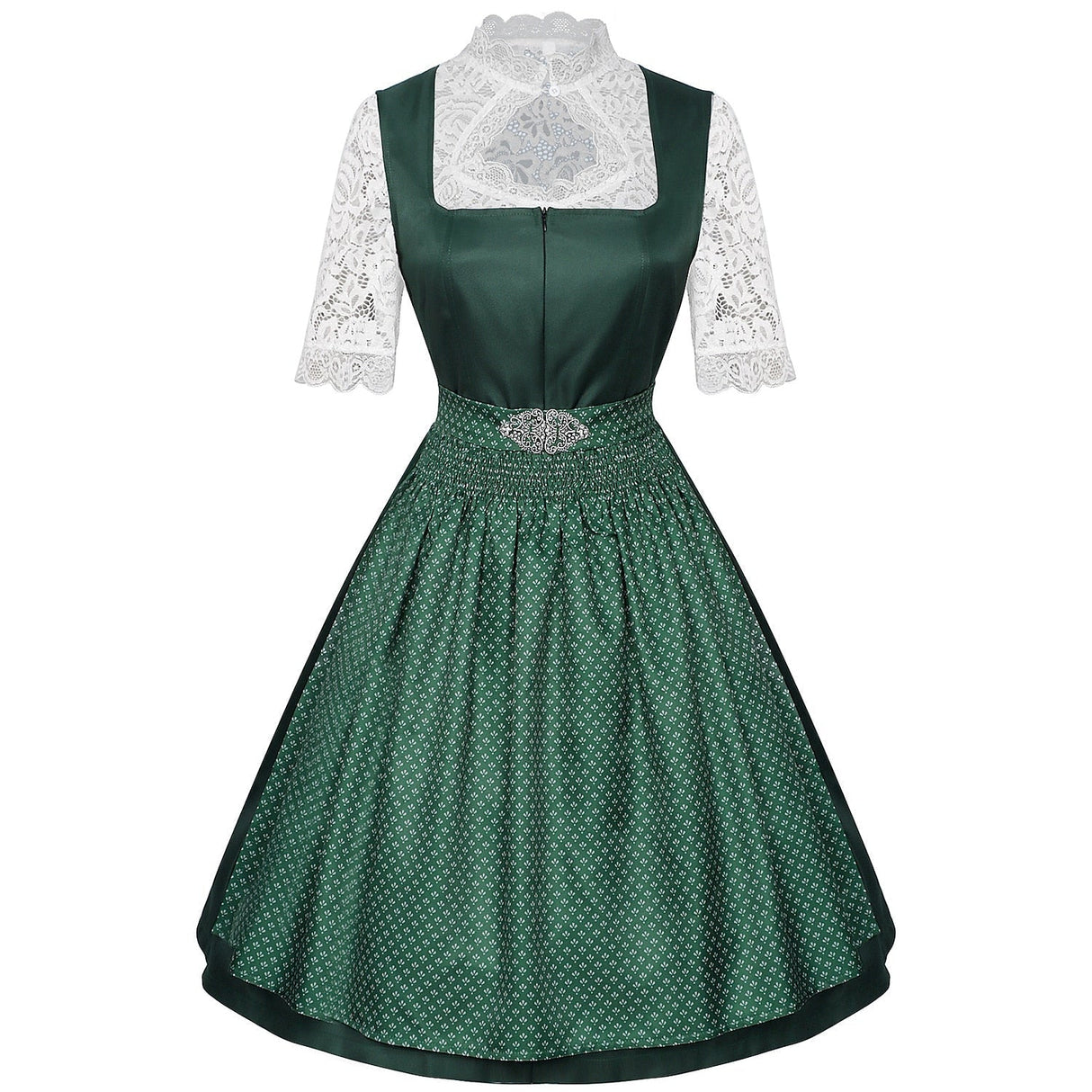 Traditional Dirndl Dress Emerald Green With Lace Blouse Apron - Detailed view
