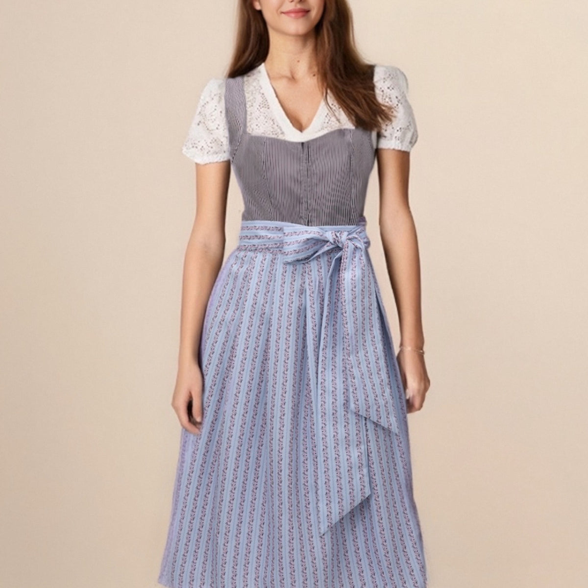 Traditional Dirndl Dress Bavarian Cotton With Striped Apron - Product showcase