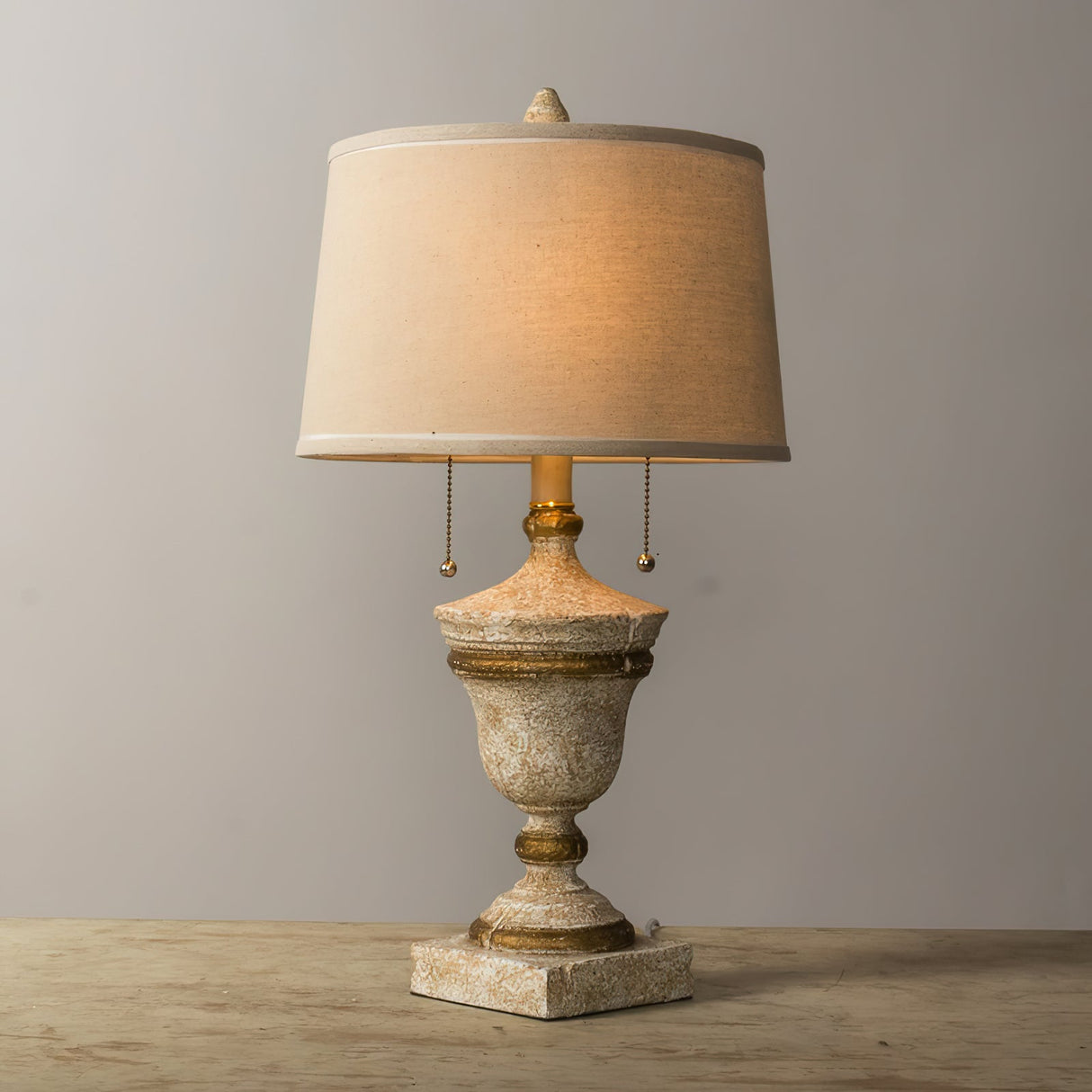 Vintage Table Lamp Antique White Base with Beige Shade - Detailed view