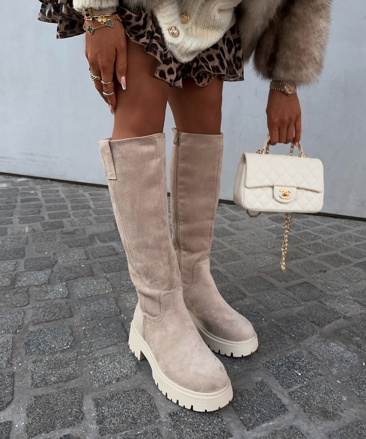 Womens Knee High Boots  Beige Suede Platform Combat Style - Detailed view