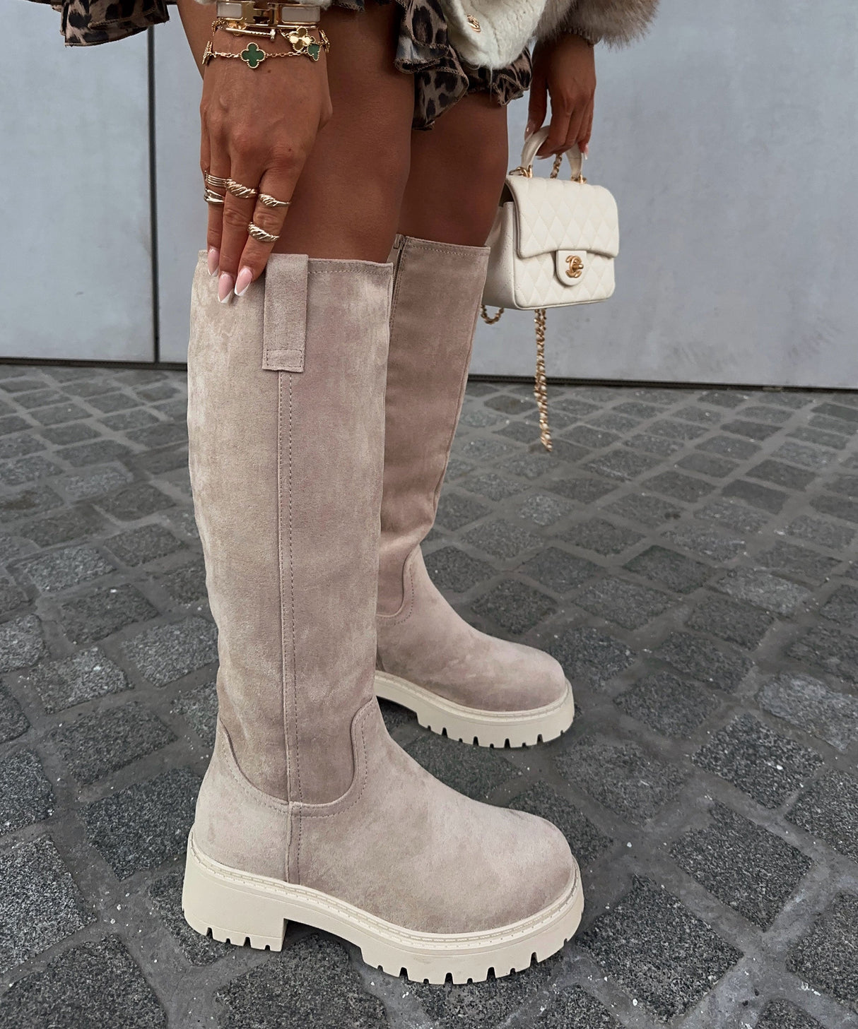 Womens Knee High Boots  Beige Suede Platform Combat Style - Product detail 4