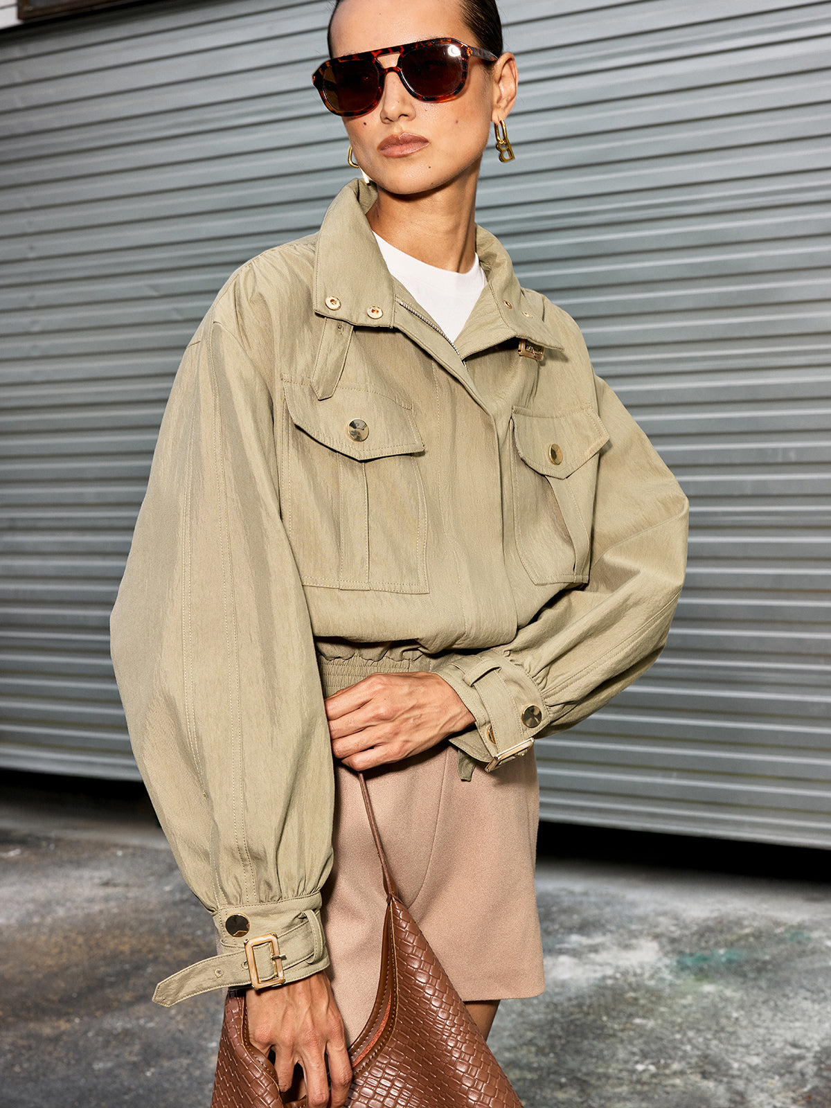 Cotton Blend Cropped Jacket Belted Collar Long Sleeve - Detailed view