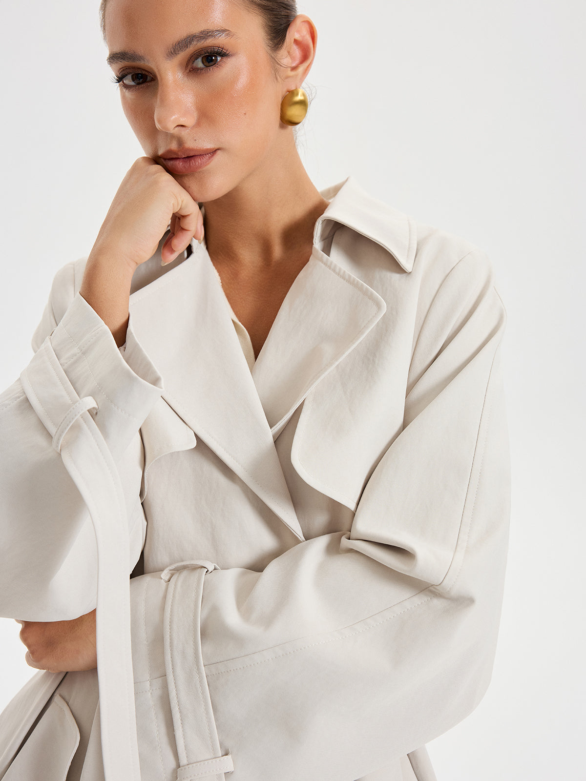 Belted Double-Breasted Trench Coat Classic Cream Woven Design - Product showcase