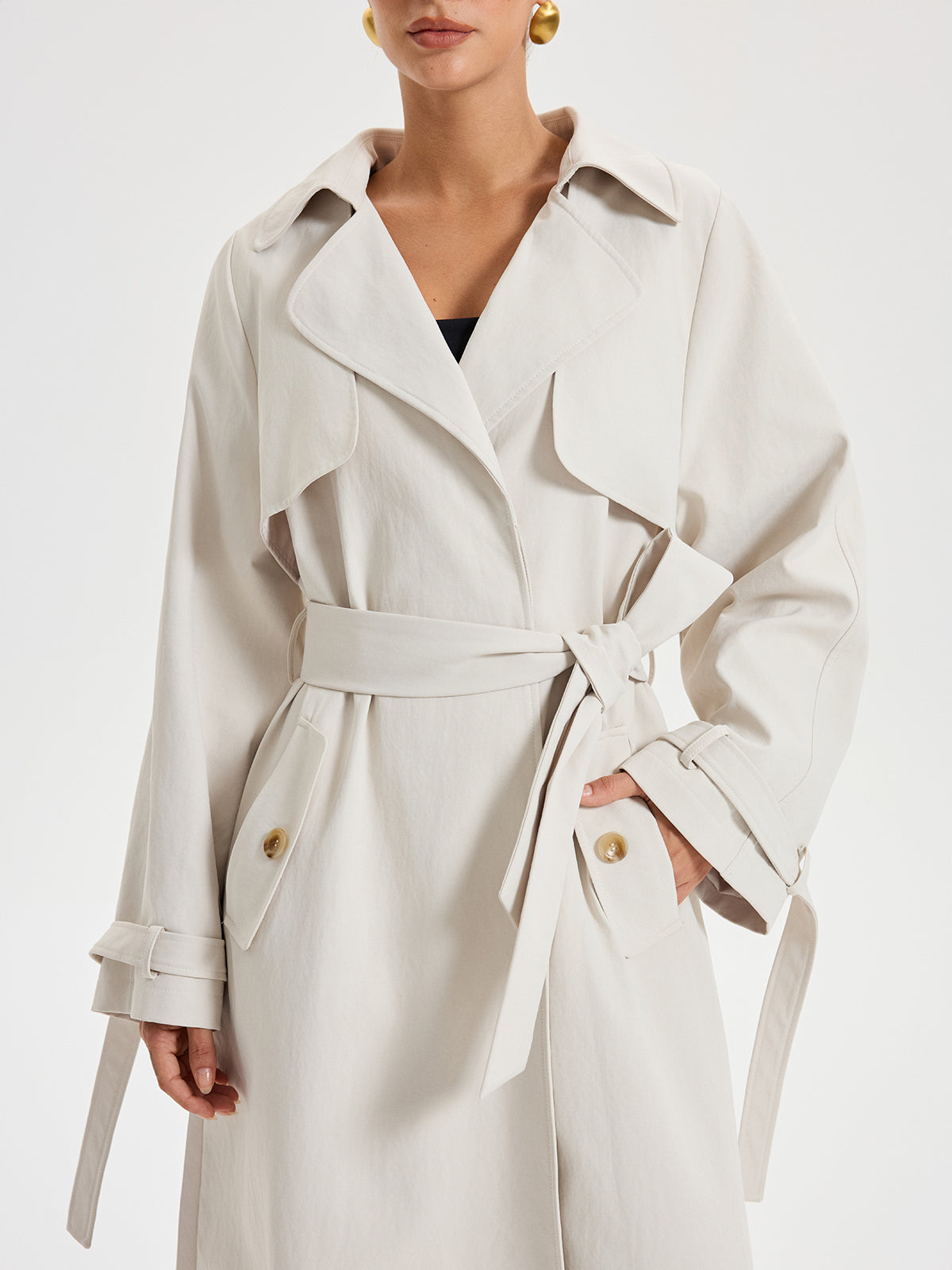 Belted Double-Breasted Trench Coat Classic Cream Woven Design - Product example