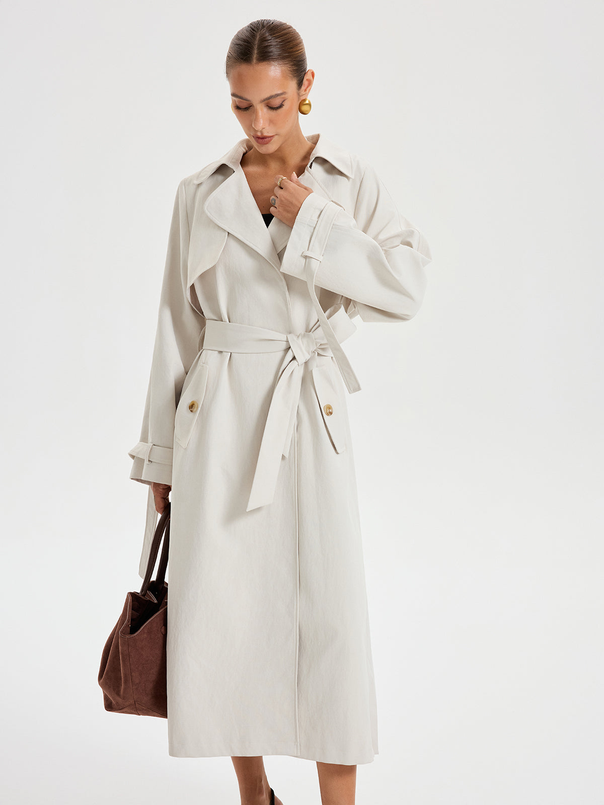 Belted Double-Breasted Trench Coat Classic Cream Woven Design - Product detail 5