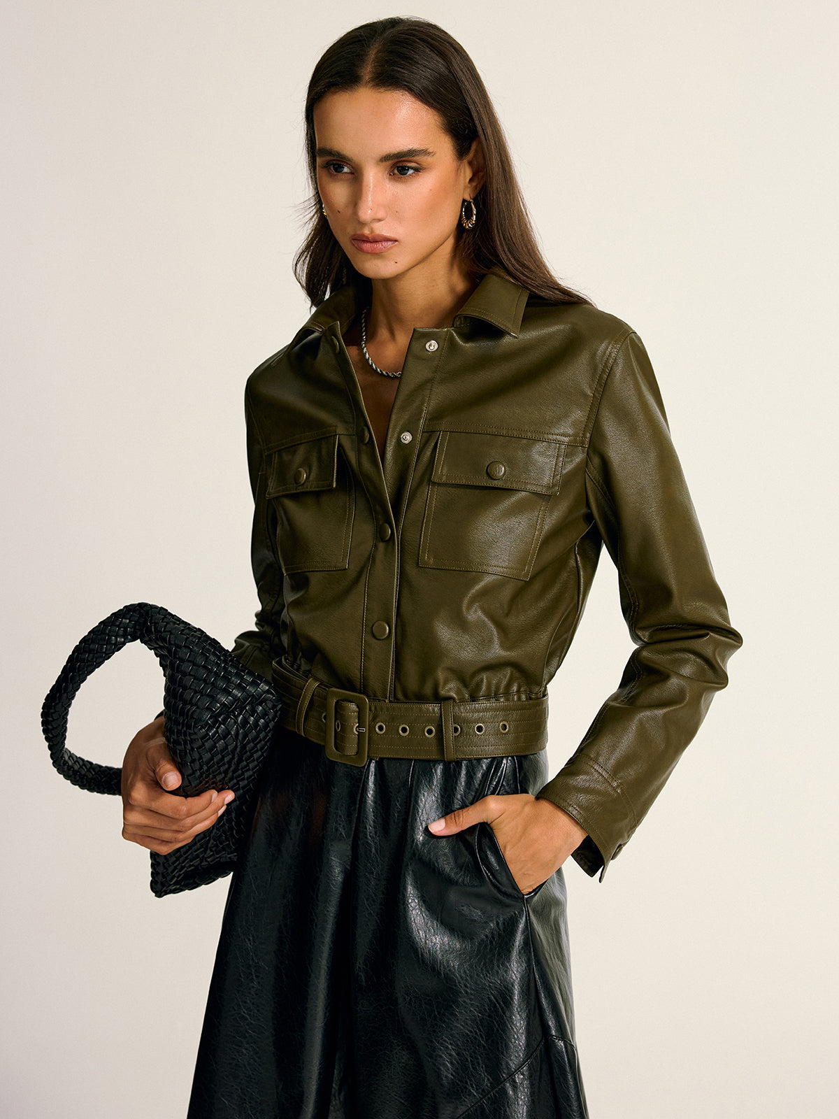 Faux Leather Cargo Shirt Jacket Belted Military Style - Detailed view