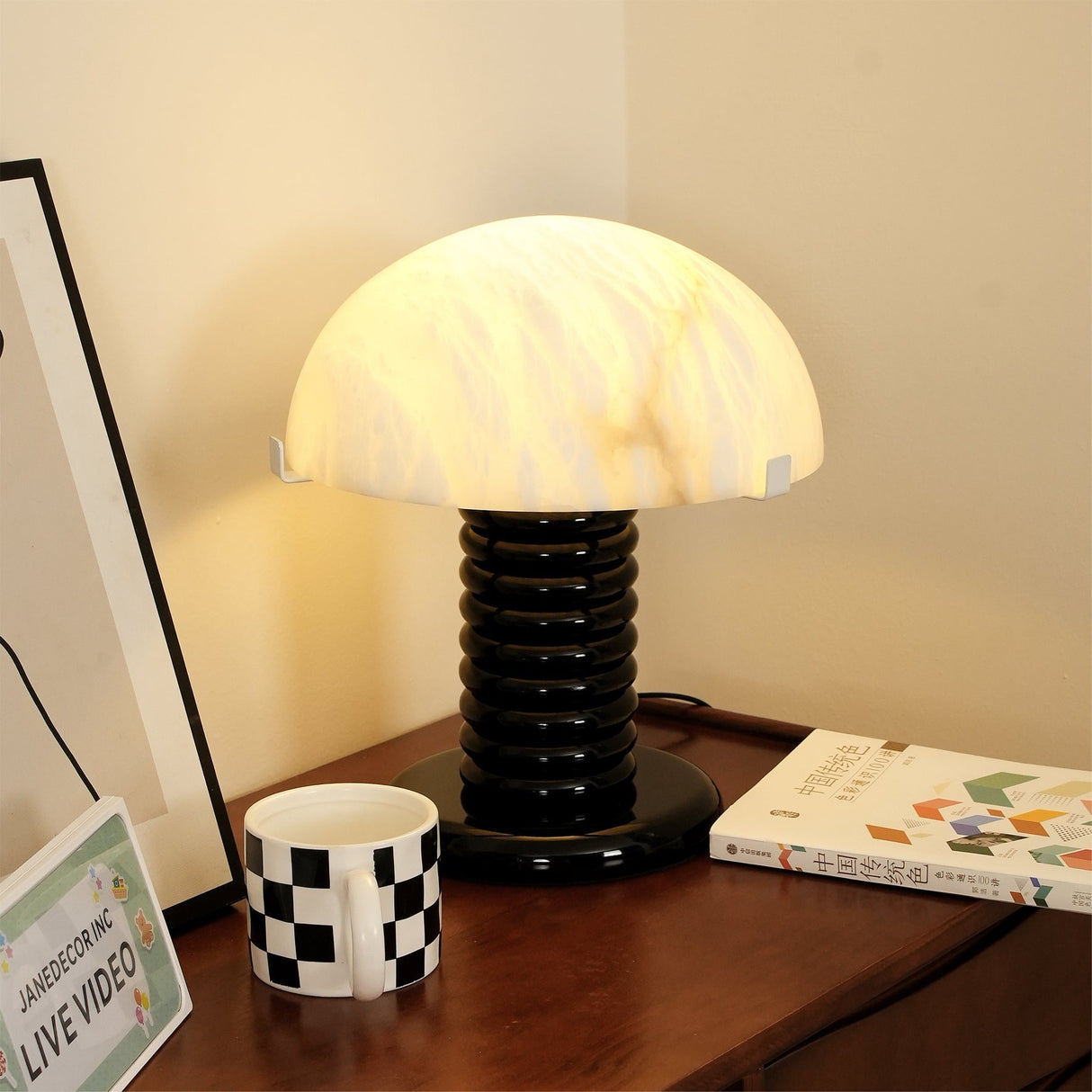 Modern Alabaster Table Lamp Black Ribbed Base Design - Product detail 8