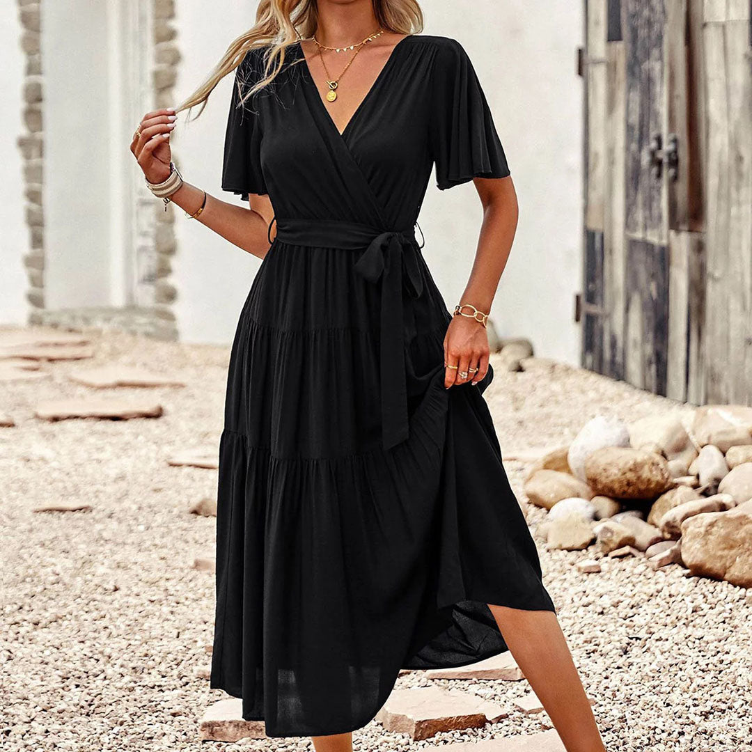 Elegant Wrap Midi Dress Flutter Sleeve V-Neck Design - Product detail 4