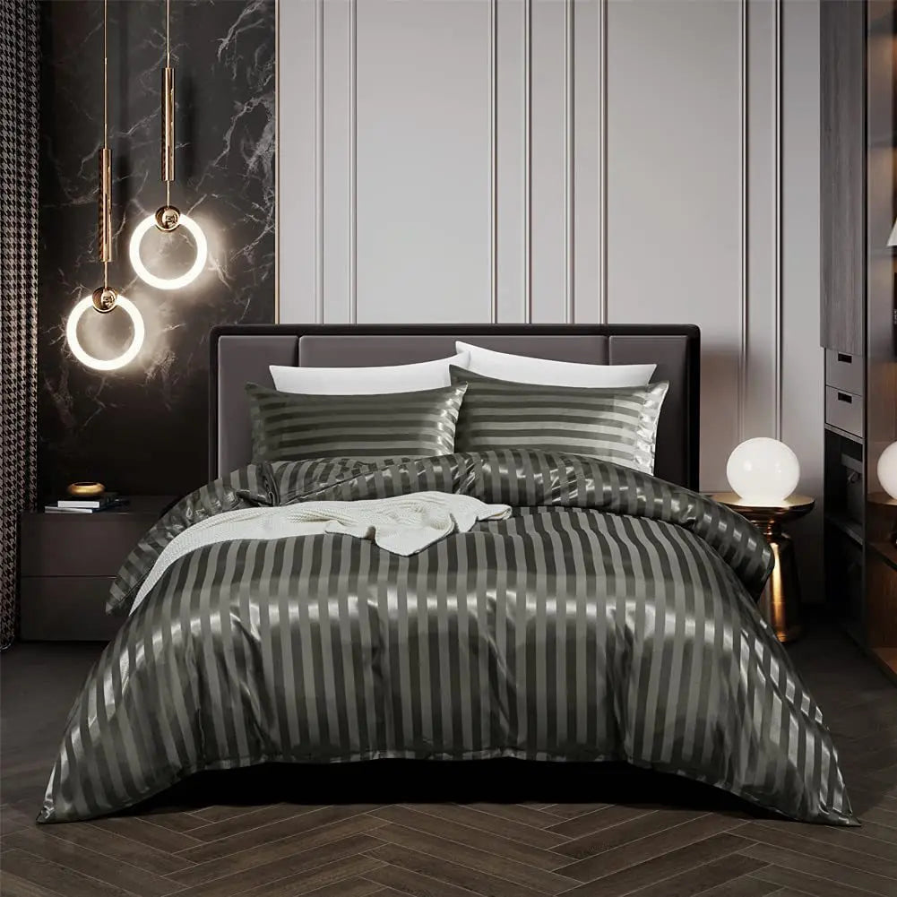 Luxury Satin Bedding Set  Striped Metallic Design - Detailed view