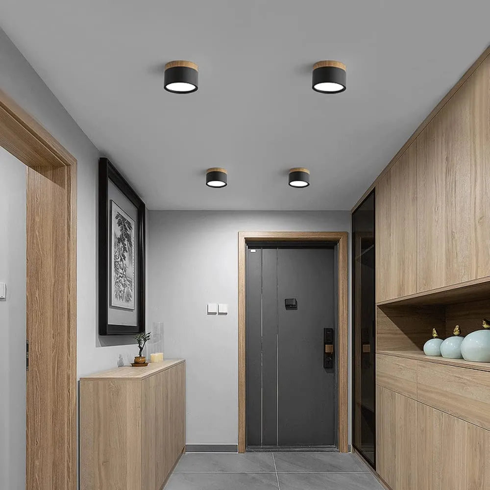 Modern LED Ceiling Light  Wood Trim Black Cylinder - Product showcase