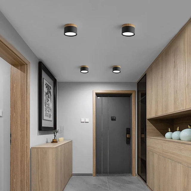 Modern LED Ceiling Light  Wood Trim Black Cylinder - Product showcase