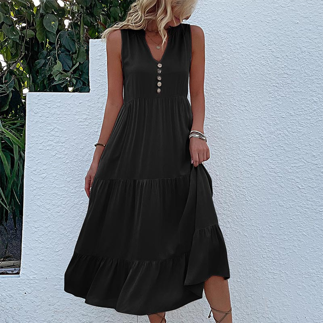 Bohemian Summer Dress V-Neck Tiered Maxi with Button Detail - Detailed view