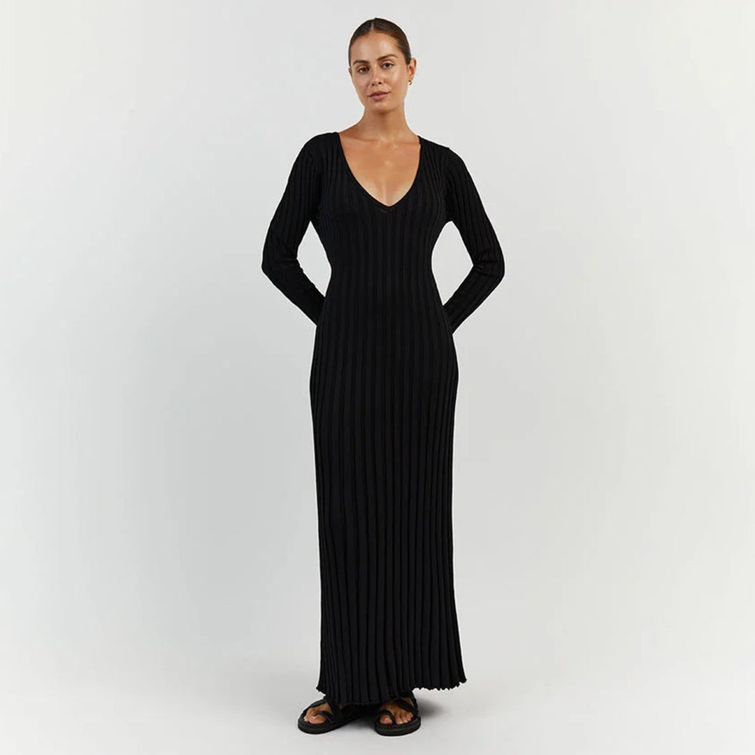 Ribbed Knit Maxi Dress V-Neck Long Sleeve Design - Product detail 9