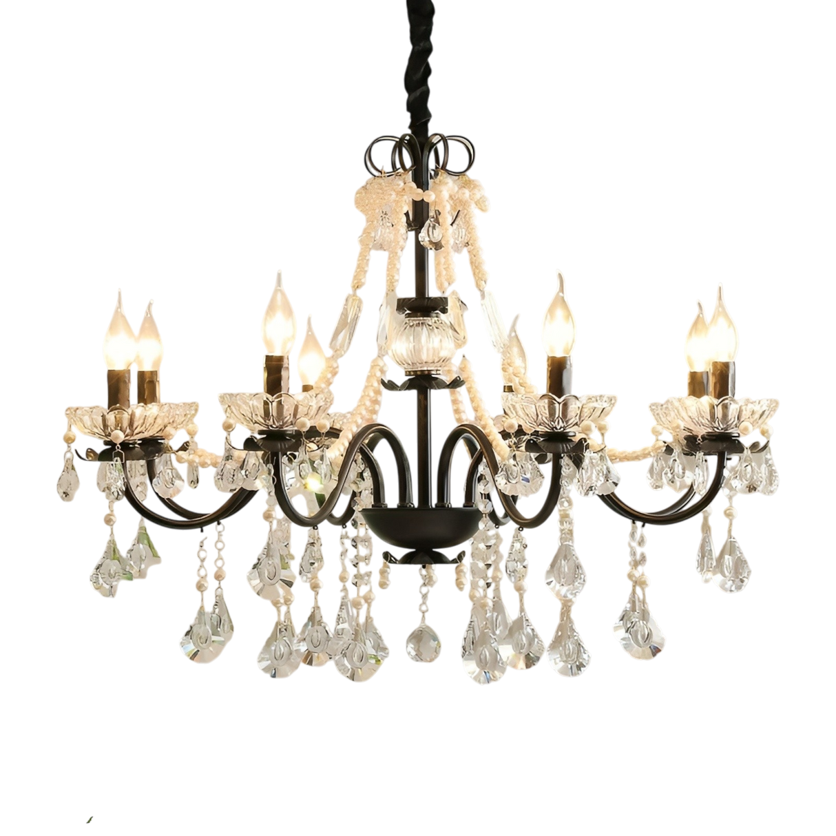 French Crystal Chandelier Black Metal Frame With Crystal Droplets - Product showcase