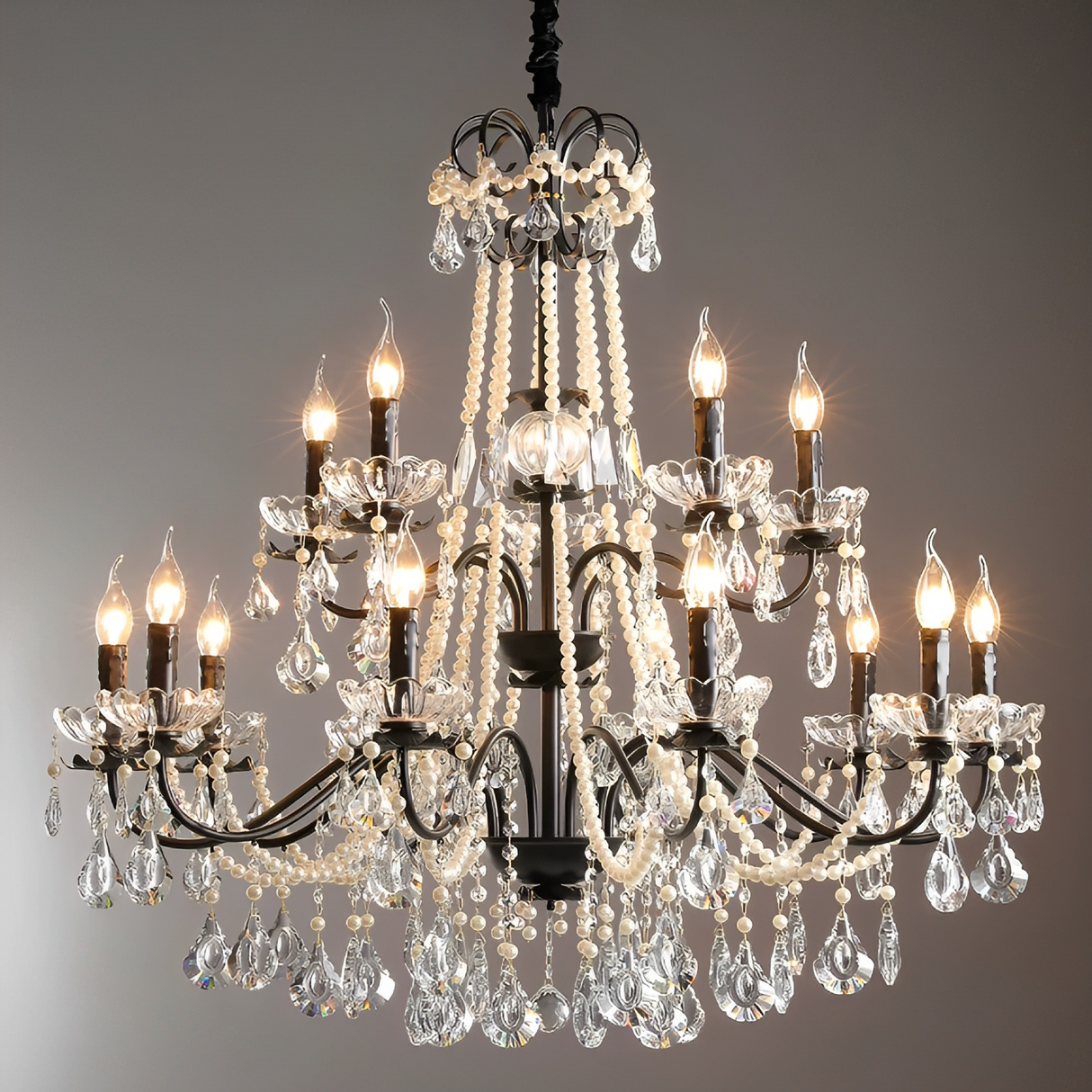 French Crystal Chandelier Black Metal Frame With Crystal Droplets - Product detail 6
